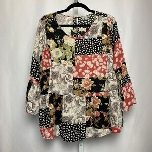 Chenault Womenʻs 3/4 Sleeve Patchwork Floral Print Relaxed Fit Boho Top XL